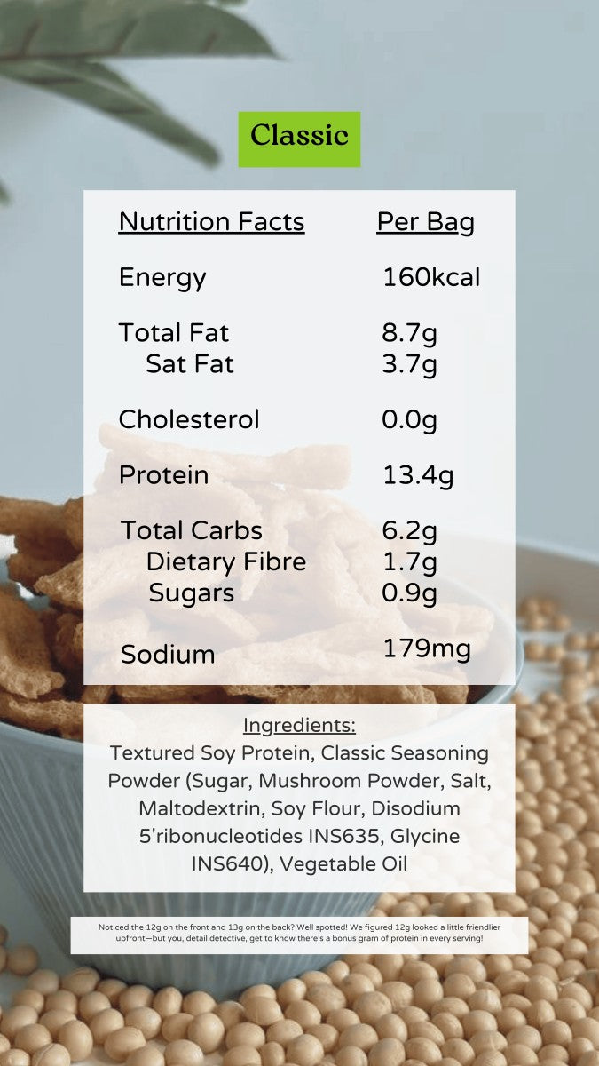 Close-up of Nibble Network Original Soy Crunches packet with crunchy soy sticks, halal-certified plant-based snack high in fibre, calcium and iron