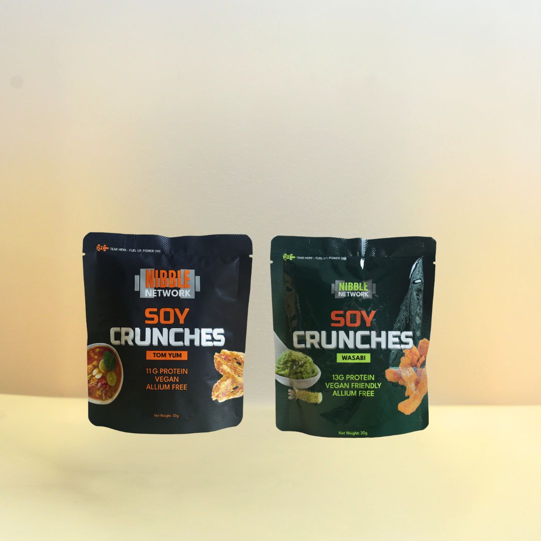 Two packs showing Nibble Network Soy Crunches in Original and Wasabi flavours, 10-pack vegan high-protein soy snack bundle