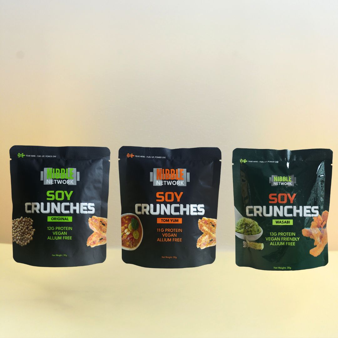 Variety bundle showing three packets of Nibble Network Soy Crunches in Original, Tom Yum and Wasabi flavours for first-time samplers