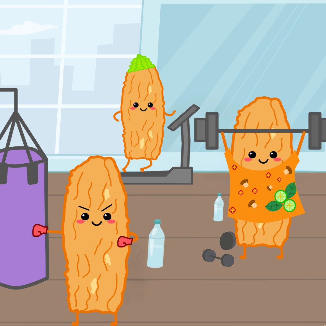 Soy Crunch characters working out in a gym setting with weights, a treadmill and a punching bag. Post-workout snacks mid-workout, oh my.
