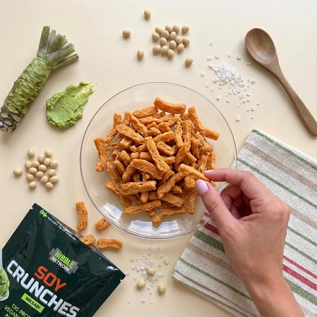 Wasabi Soy Crunches laid out surrounded by fresh ingredients for Wasabi, showcasing it as a plant-based soy protein snack from Nibble Network