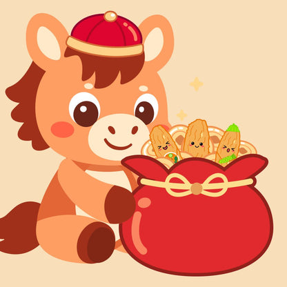 Cartoon horse celebrating chinese new year with a bag full of gold and Soy Crunch characters are hiding among the gold. 