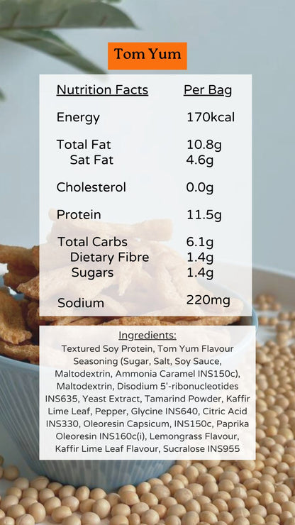 Nutrition facts and ingredients label for a product labeled 'Tom Yum' with a background of beans and a plant.