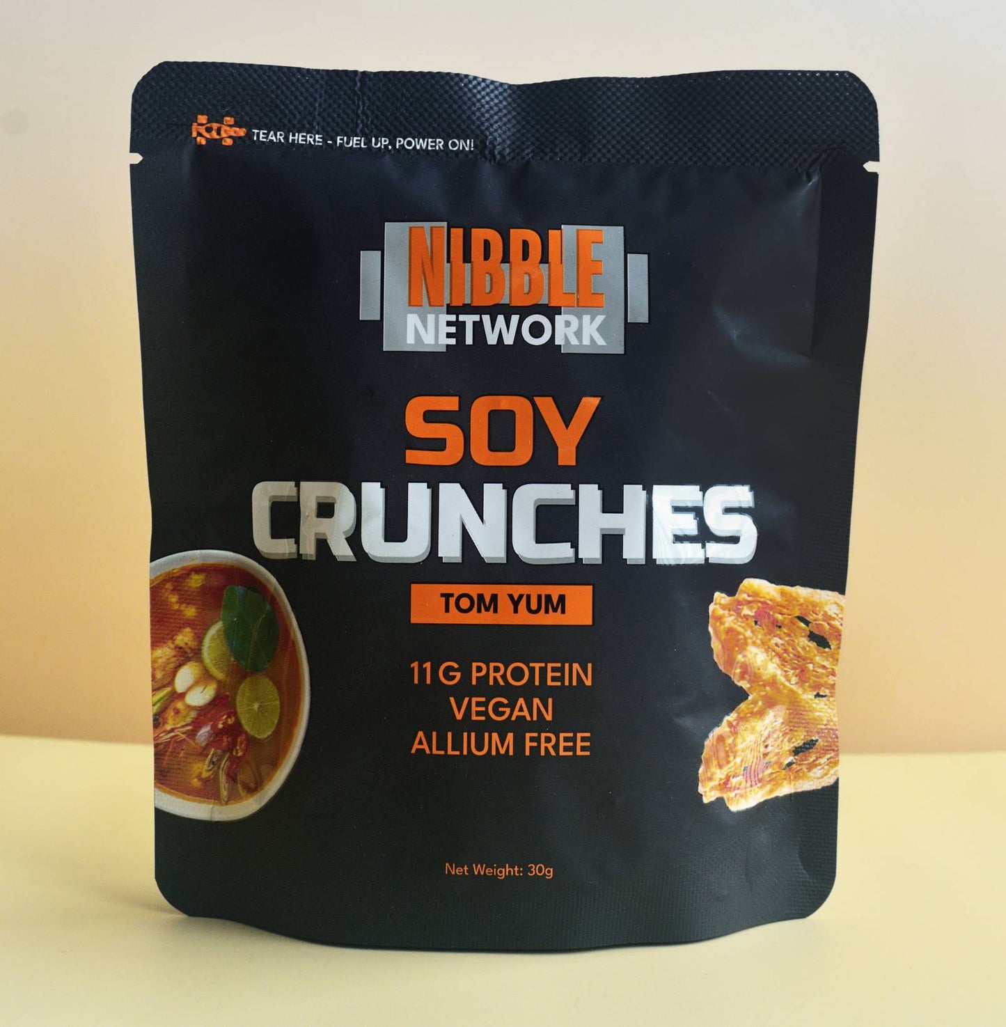 Nibble Network Soy Crunches Tom Yum flavour packet, spicy Thai-inspired vegan high-protein soy snack with 10g+ plant protein