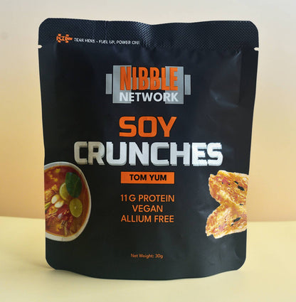 Nibble Network Soy Crunches Tom Yum flavour packet, spicy Thai-inspired vegan high-protein soy snack with 10g+ plant protein