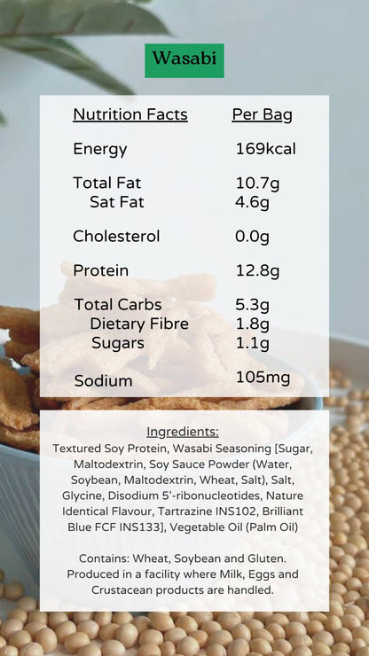 Nutritional information of Soy Crunches Wasabi flavour pack styled as an everyday guilt-free snack, vegan allium-free soy protein snack from Nibble Network