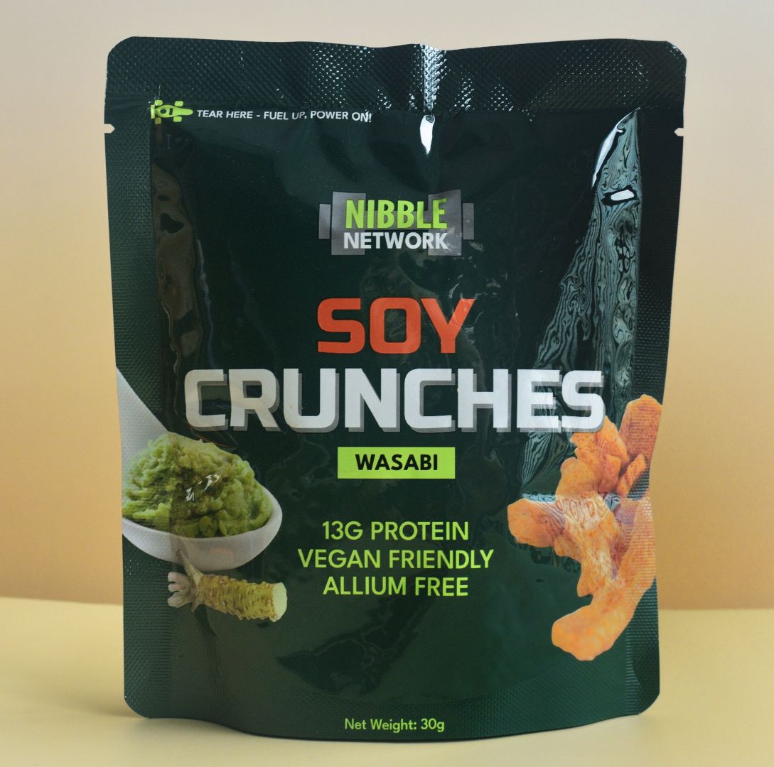 Nibble Network Soy Crunches Wasabi flavour packet, vegan allium-free high-protein soy snack with 10g+ plant protein