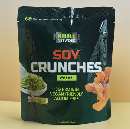 Nibble Network Soy Crunches Wasabi flavour packet, vegan allium-free high-protein soy snack with 10g+ plant protein