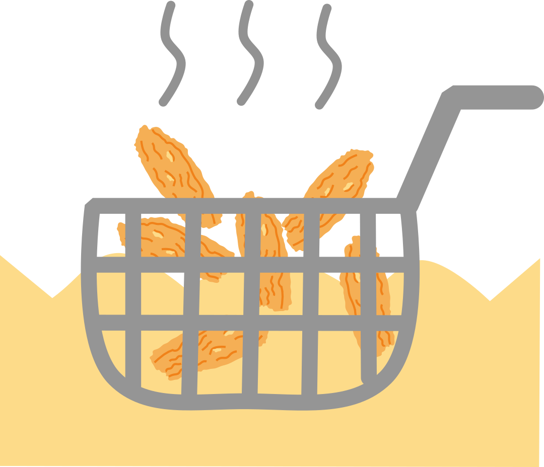 Illustration of soy protein sticks being fried to become crispy Soy Crunches