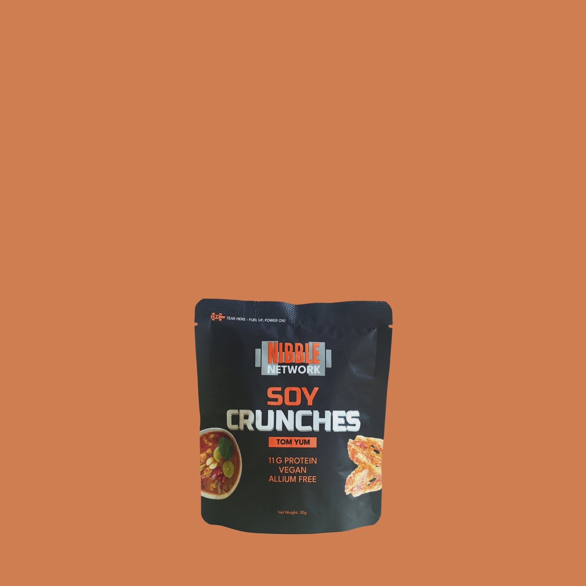 A short video describing Soy Crunches Tom Yum as an everyday protein snack with the words 'Guilt-Free Snacking', 'Allium-Free', 'Plant Based', 'High Protein', 'Low Sugar', and 'Incredibly Crunchy'