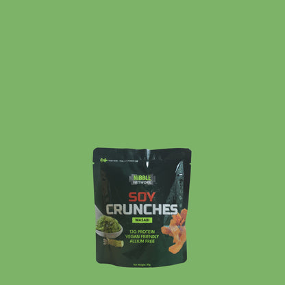 A short video describing Soy Crunches Wasabi as an everyday protein snack with the words 'Guilt-Free Snacking', 'Allium-Free', 'Plant Based', 'High Protein', 'Low Sugar', and 'Incredibly Crunchy'