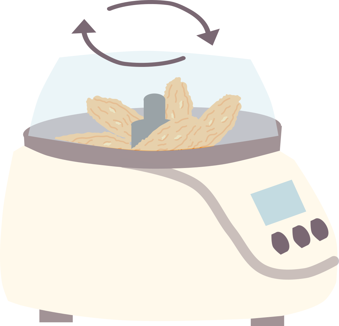 Illustration of Soy Crunches spinning in a centrifuge to remove excess oil